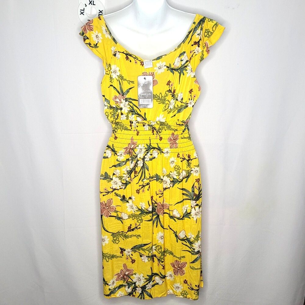 GM Yellow Tropical Floral Smocked Flutter Sleeve Dress L/XL NWT - Picture 2 of 8